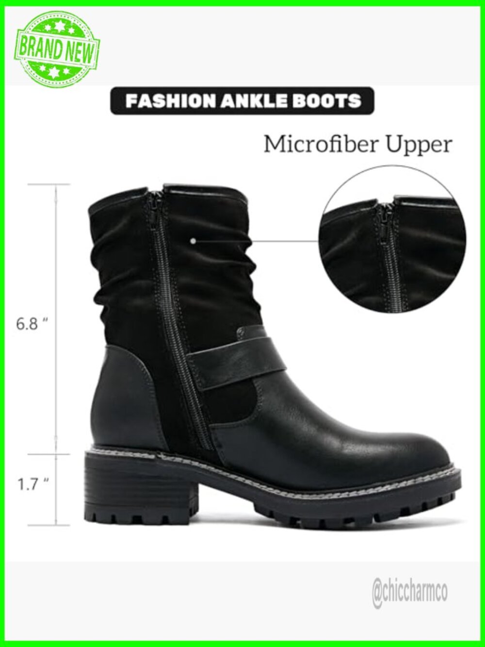 Ankle Boots Women Combat Booties Low Heel Round Toe Side Zip - Picture 5 of 7